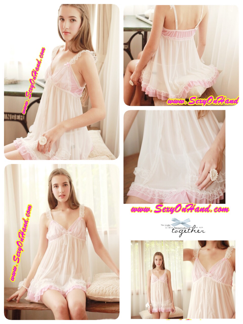 ชุดนอน ซีทรู เกรดPremium สินค้าส่งออกญี่ปุ่น สีขาว แต่งซับสีชมพูอ่อน ช่วงอกและชาย แต่งระบายขอบทั้งชุด เนื้อผ้าหรู คุณหนูตามภาพเลยคะ +กางเกงในแต่งระบายสุดหรูเข้าชุดคะ