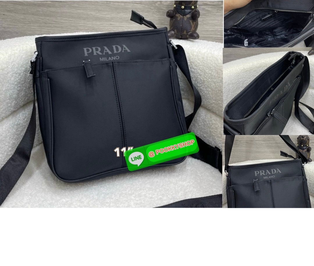 Prada Re-Nylon and Saffiano leather shoulder bag Size 11” Adjustable woven nylon tape and leather shoulder strap with removable pouch Enameled metal triangle logo on the front Zipper closure External zipper pocket Internal patch pocket Re-Nylon logo-print