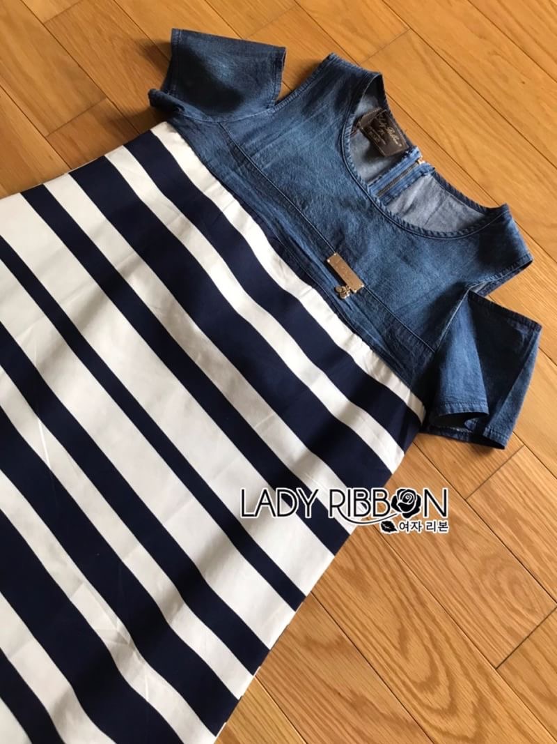 Lady Ribbon's Made Lady Rita Casual Style Cut-Out Denim เดรสผ้าเดนิมตัดต่อผ้าคอตตอนลายขวางสุดเก๋