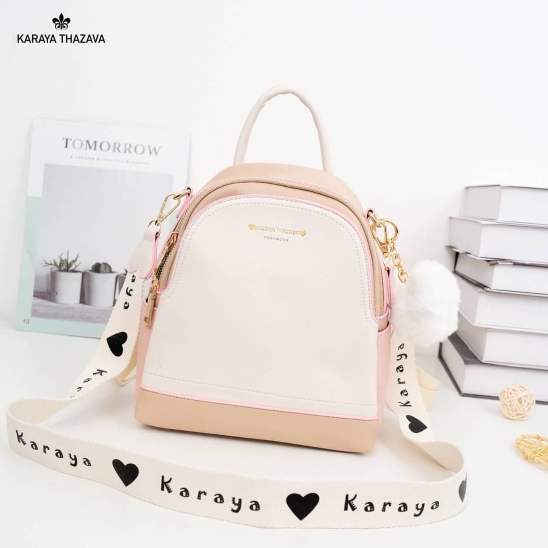 พร้อมส่ง เป้หนัง Karaya แบรนด์แท้ เป้ได้+สะพายข้างได้ สายสปอต สีทรูโทนพาสเทล สวยละมุน แถมฟรี‼️ปอมๆ