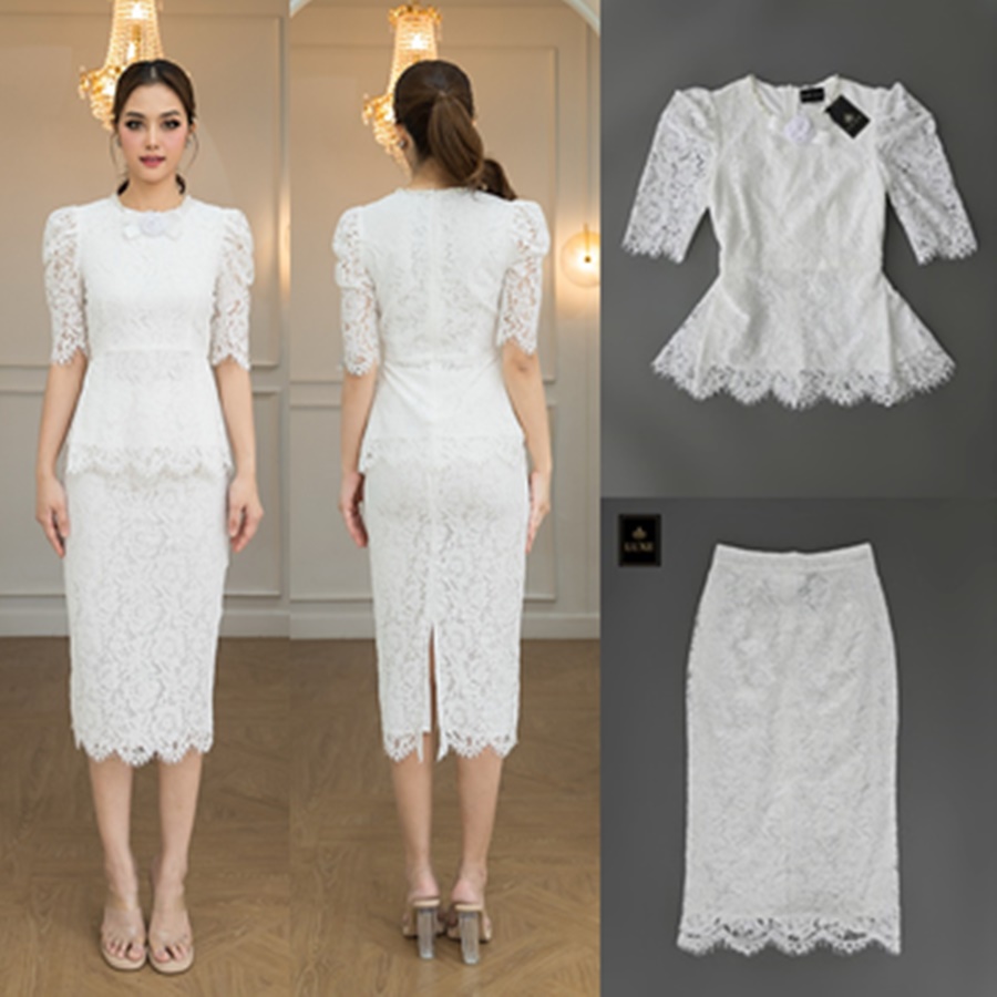 ชุดเซทแฟชั่น เซ็ทเสื้อคอกลมแขนสั้น+กระโปรงทรงสอบ