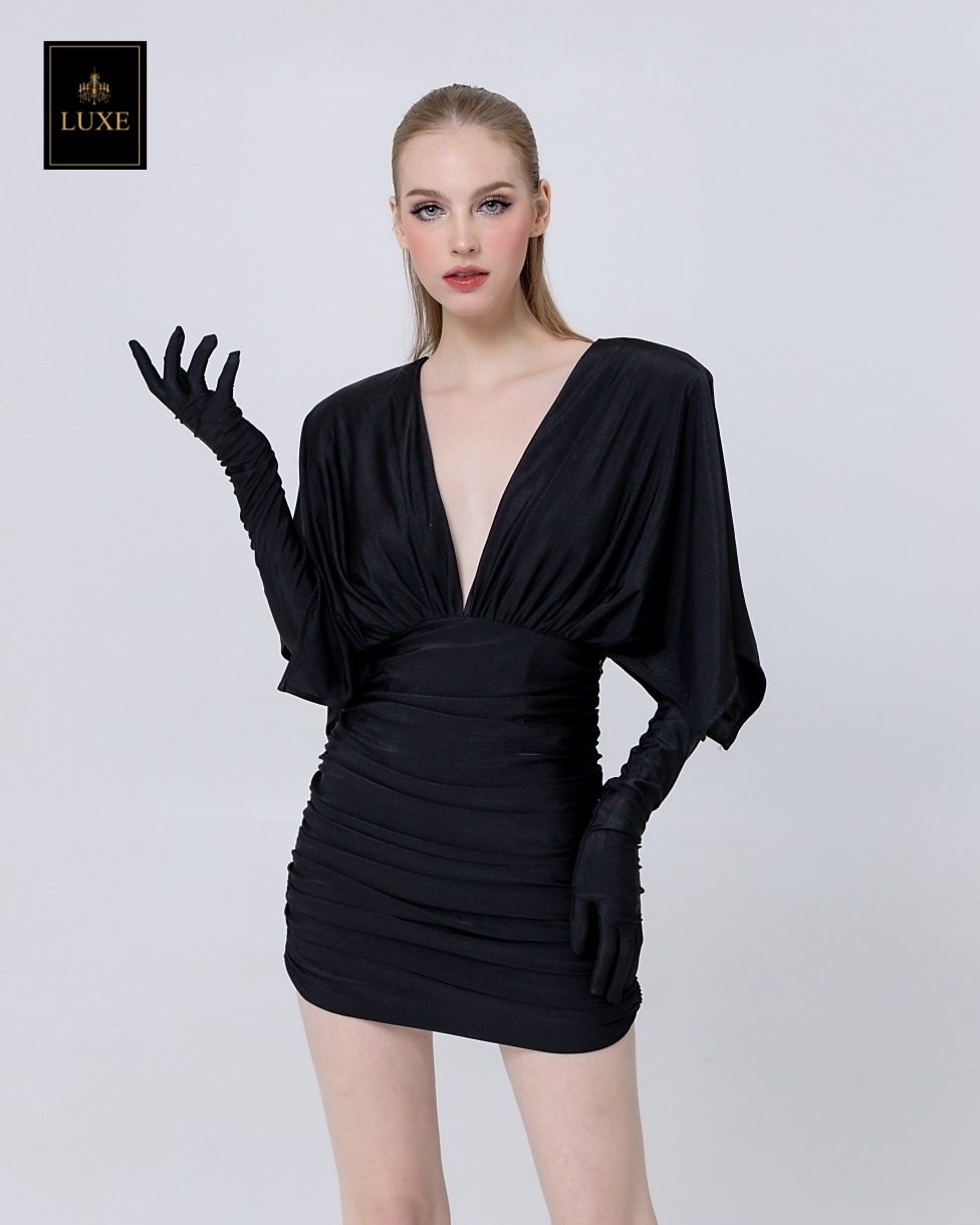 เดรสแฟชั่น เดรสกระโปรงเข้ารูป เสื้อคอวีแขนในตัว มาพร้อมถุงมือยาว