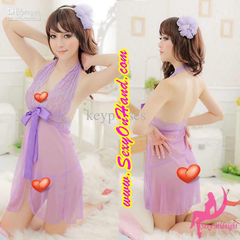 ชุดนอนซีทรู เซ็กซี่ ผ้าลูกไม้คล้องคอ สีม่วงอ่อน เล่นริบบิ้นช่วงต่อกระโปรง เนื้อผ้าบางเบา + จีสตริง เข้าชุด