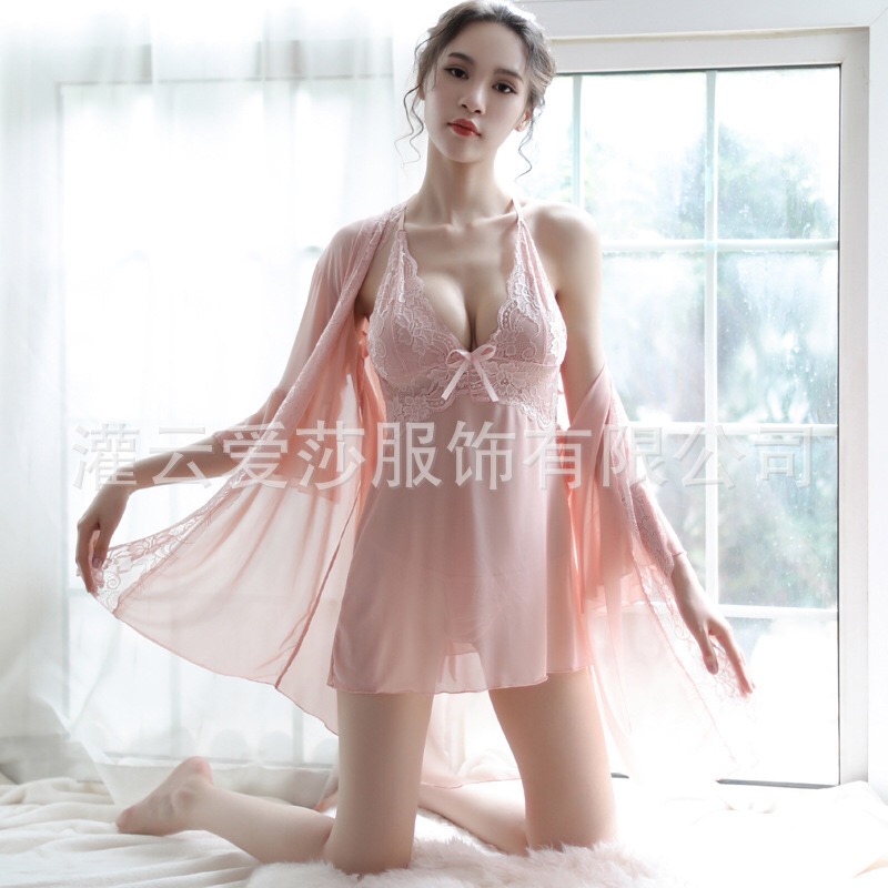 เซ็ทชุดคลุมนอน เซ็ดชุดนอน สายเดี่ยว+ชุดคลุมนอน ซีทรูสีนูทพีช แต่งลูกไม้ สวย หรู งาน เซ็กซี่มากๆคะ สำเนา