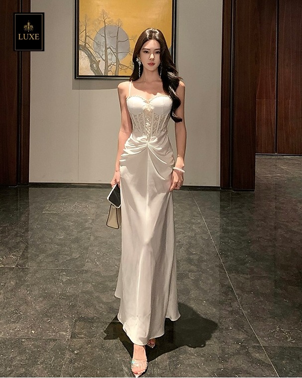 เดรสแฟชั่น แม็กซี่เดรสเสื้อสายเดี่ยว มีโครงสไตล์คอร์เซ็ต กระโปรงจับเดรป