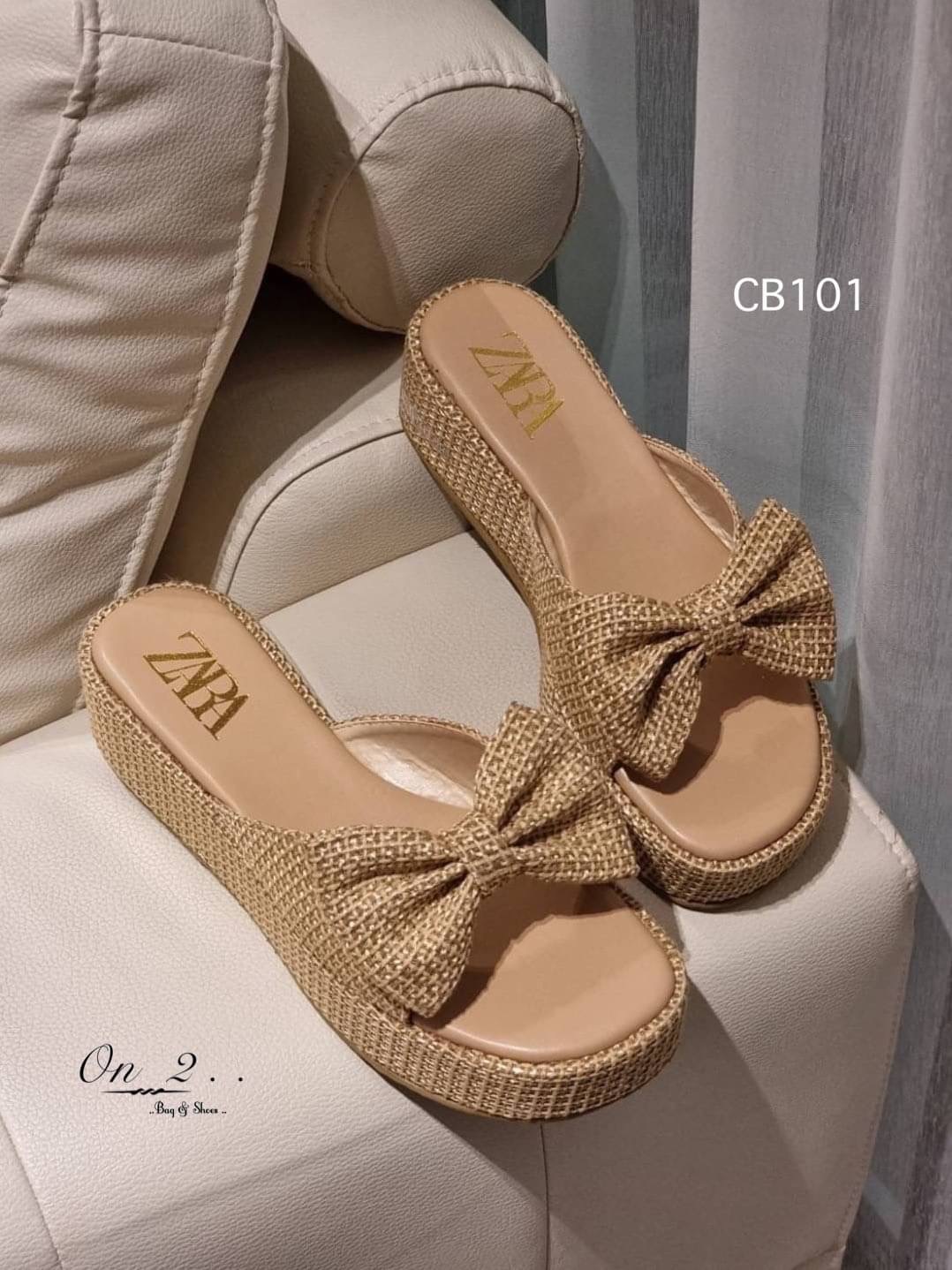 รองเท้าแตะส้นตึก Zara ผ้ากระสอบผ้ามีเท็กเจอร์ของลายผ้าหน้าประดับงานสวยน่ารักมากพื้นปั้มแบรนด์ส้นเสริมกันลื่นค่ะ