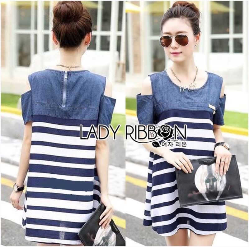 Lady Ribbon's Made Lady Rita Casual Style Cut-Out Denim เดรสผ้าเดนิมตัดต่อผ้าคอตตอนลายขวางสุดเก๋