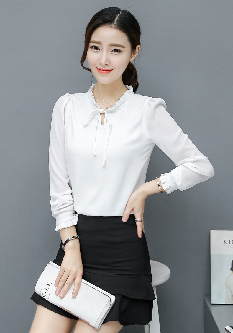 เสื้อแฟชั่นเกาหลี แขนยาว คอระบาย สายผูกโบว์ ผ้าชีฟอง สีขาว
