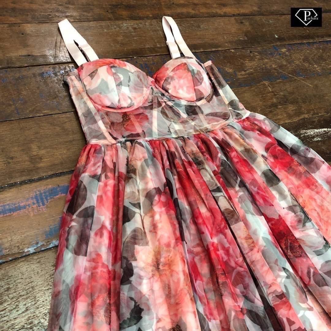 เดรสแฟชั่น เดรสลูกไม้ตาข่ายลายดอกกุหลาบสีชมพูแดง เนื้อผ้าลูกไม้ตาข่ายเนื้อนิ่มเกรดพรีเมี่ยม