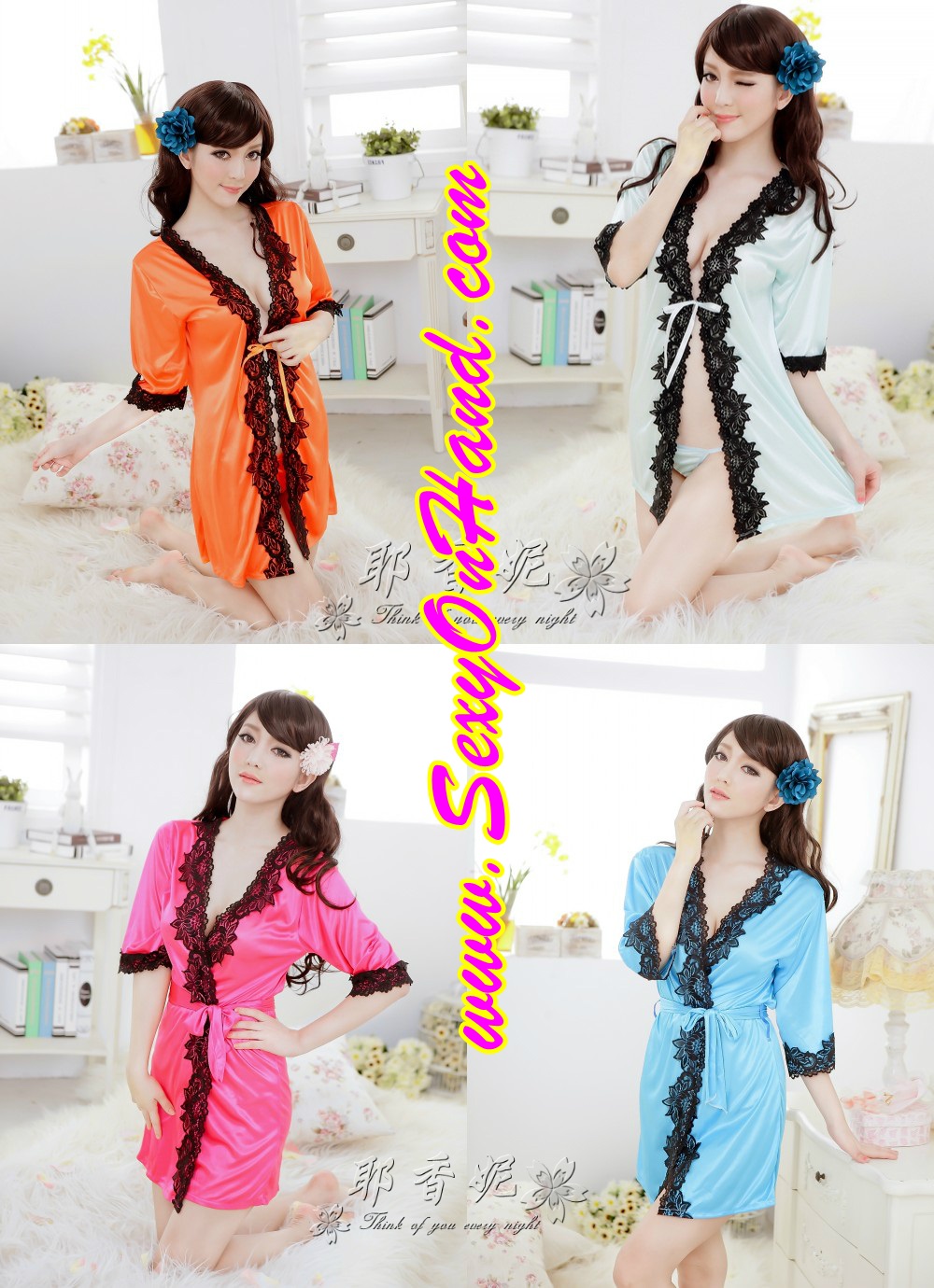 ชุดเซ็กซี่ ชุดนอน เซ็กซี่ ชุดคลุม เซ็กซี่ ชุดคลุมผ้าซาติน สีม่วงเล่นขอบลูกไม้สีดำ หรูมาก พร้อมสายผูก +จีสตริง