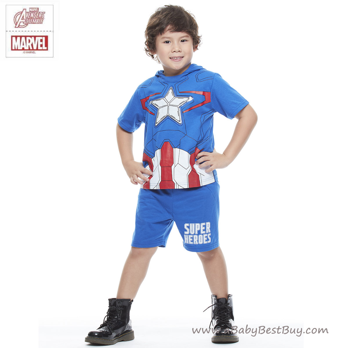 ฮ( 3-4-5 ปี ) ชุดแฟนซี เด็กผู้ชาย Super Hero - The Avengers - Captain America สีน้ำเงิน เสื้อแขนสั้นสกรีนลายเกราะมีไฟกระพริบตรงหน้าอก มีหมวก(ฮู้ด)สกรีนลายหน้ากาก กางเกงขาสั้น ชุดสุดเท่ห์ ใส่สบาย ลิขสิทธิ์แท้ (สำหรับเด็ก3-4-5 ปี)