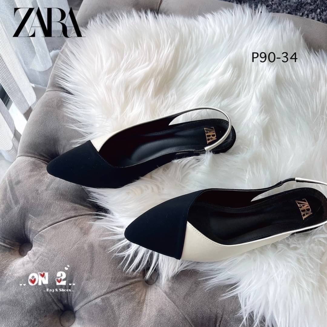 ZARA รองเท้าคัชชูหัวแหลมเปิดหลังสวมข้อเท้างานZARA ด้านหลังแบบยืดได้ สีสวยคลาสสิค ดำ-ขาว ดำ-ครีม ใส่แมทซ์กับชุดได้เยอะค่ะ