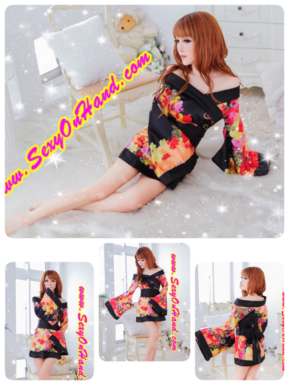 ชุดกิโมโน สไตล์นางรำญี่ปุ่น แนวเกอิชา ปลายแขนบาน สีสด โทนดำ-ส้ม สวยเซ็กซี่ เย้ายวน พร้อมจีสตริงเข้าชุดคะ