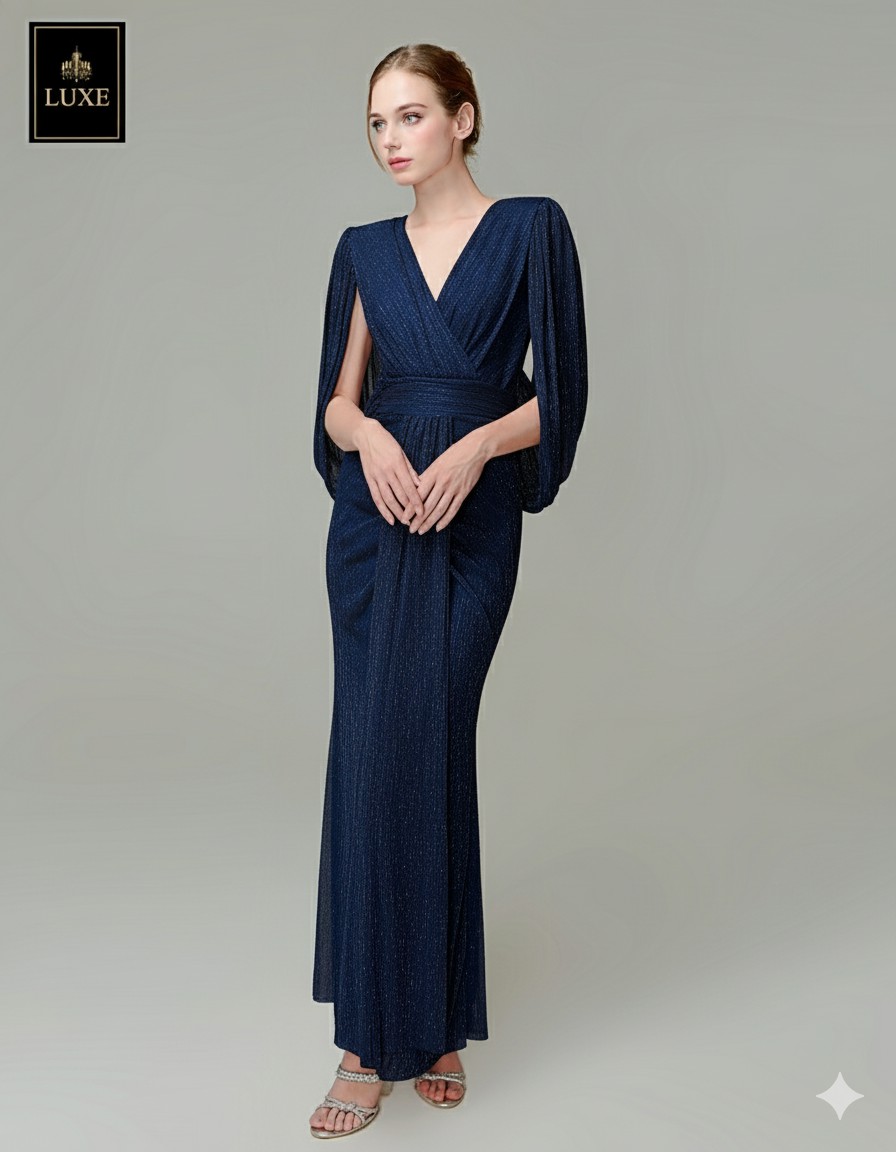 เดรสแฟชั่น แม็กซี่เดรสเสื้อคอวีคลุมแขน กระโปรงเข้ารูปตรงสะโพก