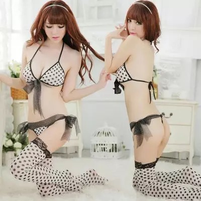 Setชุดบิกินี่ bikini เซ็ท สีขาวลายจุด แนวสาวน้อยแสนซน สวย น่ารักมากคะ bikini+ ถุงน่อง