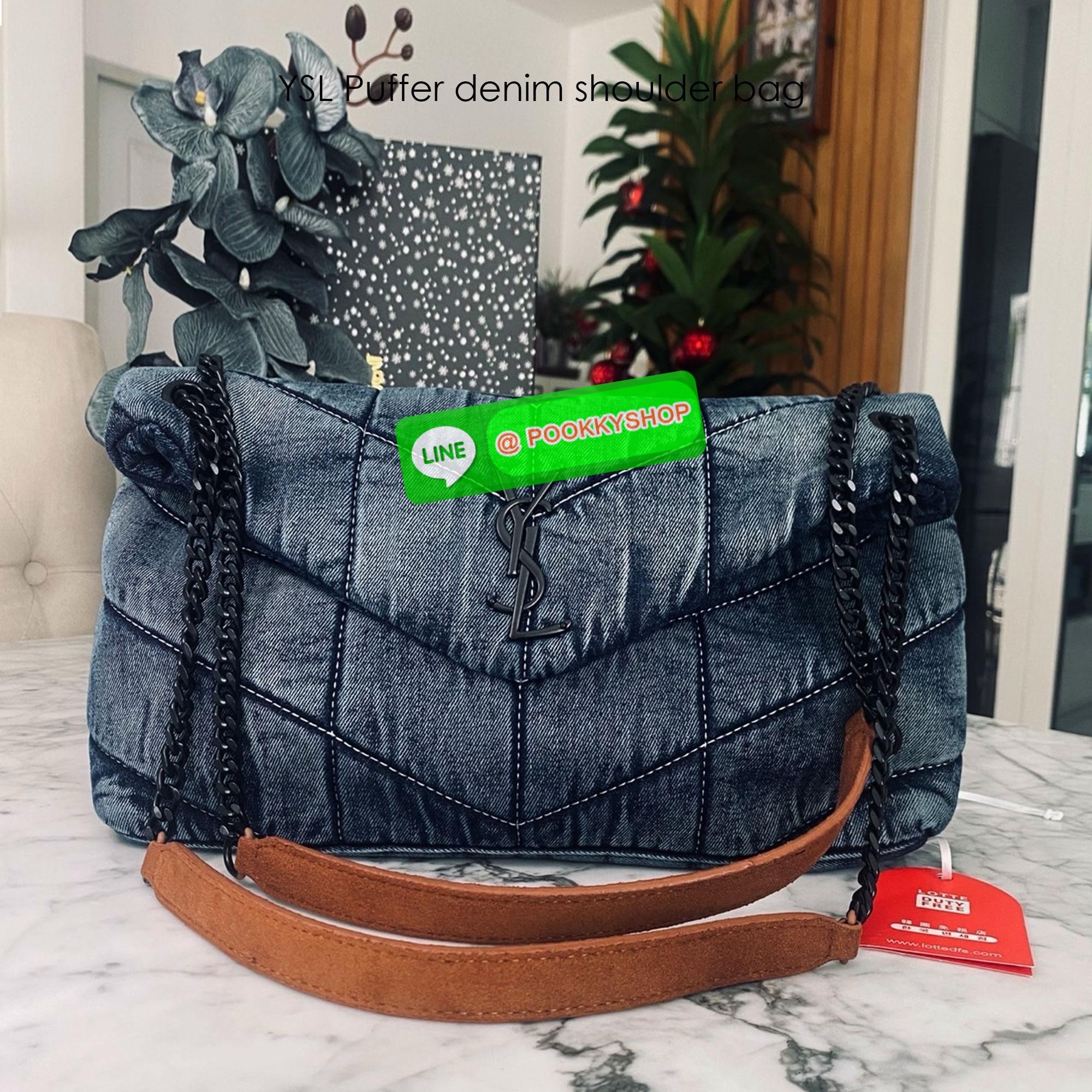 YSL Puffer denim shoulder bag กระเป๋าสะพายเดนิมฟอก สวยเท่ห์คลาสสิกลายเชฟล่อนเป็นเอกลักษณ์ รุ่นเดนิมยอดนิยม ทรงสวย ใช้ได้บ่อยไม่มีเบื่อ ดีไซน์เรียบหรู ออกแบบมาให้ใช้งานได้สะดวกด้วยกระดุมแม่เหล็ก พับทรงเข้ารูป ภายในโล่งกว้าง มีช่องซิป สามารถจุของสำคัญได้อย่