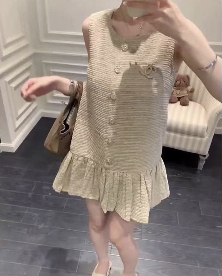 เดรสแฟชั่น เดรสผ้าทวีตสไตล์หรูหรา ติดกระดุมคริสตัล คลาสสิค