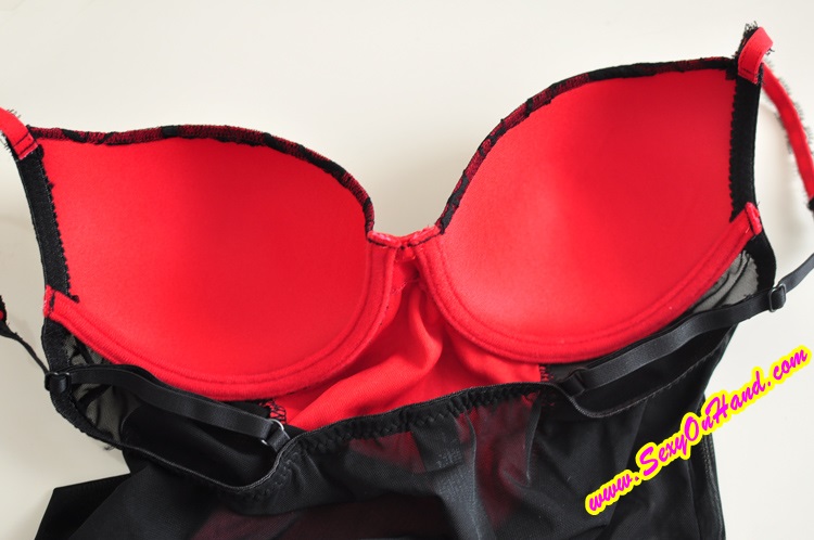 ชุดนอนเดรสสั้น ชุดนอนสายเดี่ยว สไตล์เดรสสั้น กึ่งคอร์เซ็ต แต่งลูกไม้สีดำ-แดง แต่งระบายชาย งานนอก ส่งญี่ปุ่น เกรดหรู เนี้ยบ