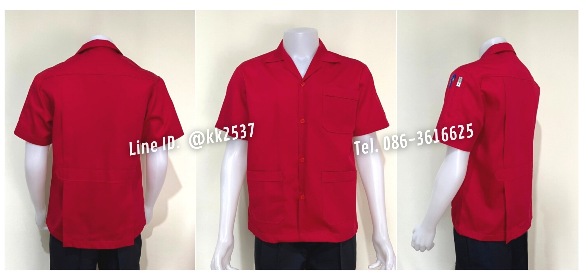 รหัส A 284 เสื้อช่างแขนสั้นแบบสามกระเป๋าสีแดงล้วน(สั่งตัด)