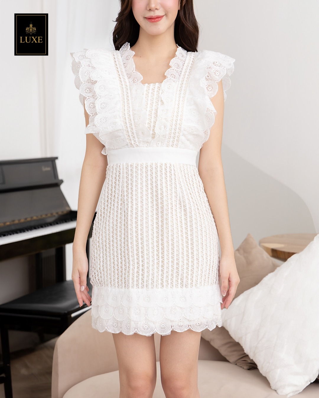 เดรสแฟชั่น เดรสผ้าลูกไม้คอตตอนโครเชต์ เสื้อแขนกุดแต่งระบาย กระโปรงสั้นทรงเอ