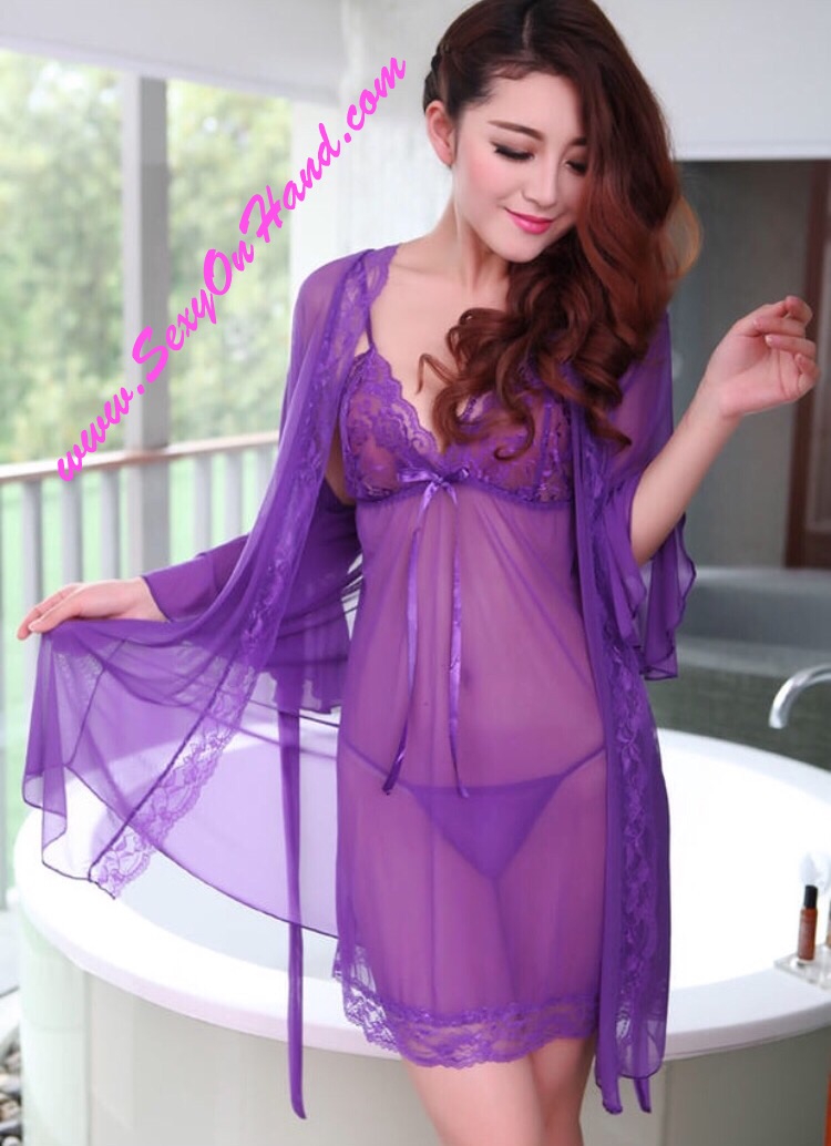 ชุดคลุม เซ็ท ชุดนอนสายเดี่ยว แต่งระบายเนื้อผ้าซีทรู สีม่วง ผ้าเกรดพรีเมี่ยม ทิ้งตัว สวยหรู มีน้ำหนัก