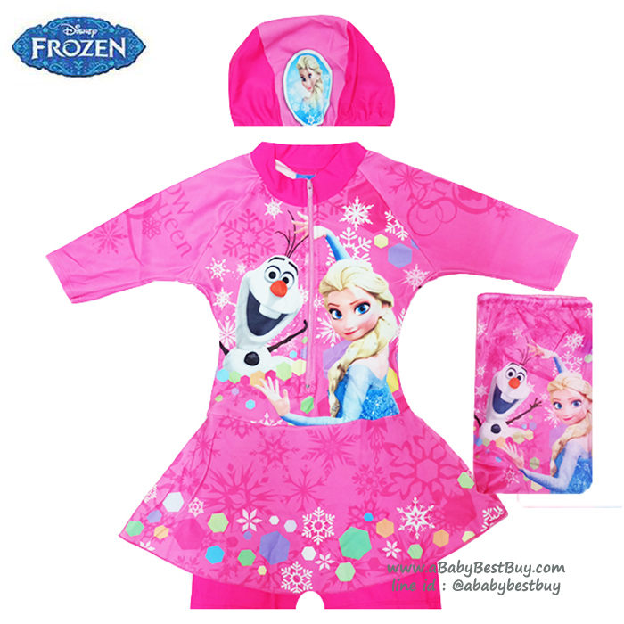 ฮ ( สำหรับเด็กอายุ 6เดือน-14 ปี ) Swimsuit for Girls ชุดว่ายน้ำ เด็กผู้หญิง Disney Frozen บอดี้สูทเสื้อแขนยาว กระโปรงกางเกงขาสั้น สีชมพู สกรีนลาย เจ้าหญิงเอลซ่า+โอลาฟ มาพร้อมหมวกว่ายน้ำและถุงผ้า สุดน่ารัก ใส่สบาย ดิสนีย์แท้ ลิขสิทธิ์แท้