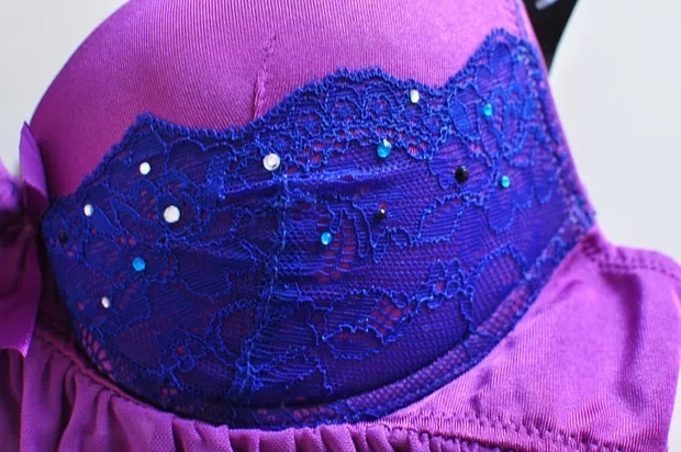 ชุดนอน สายเดี่ยวแต่งลูกไม้ สีม่วง งานเกรดพรีเมี่ยม ติดตะขอด้านหลัง Size XL (C85/D70/D75/D80 )