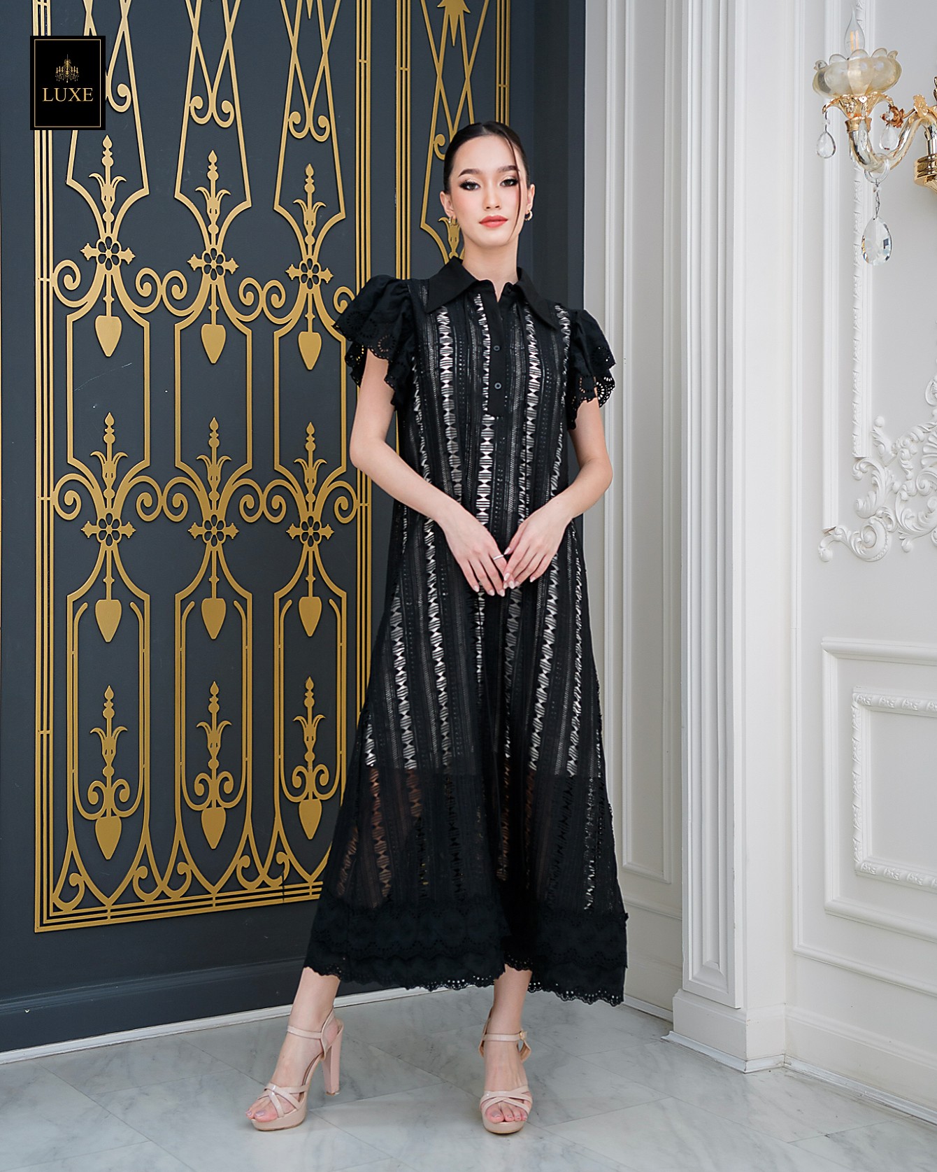 เดรสแฟชั่น เดรสเสื้อคอปกแขนระบาย กระโปรงทรงเอ แพทเทิร์นตัวหลวมใส่สบาย