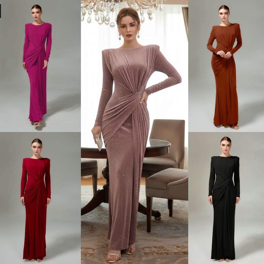 เดรสแฟชั่น แม็กซี่เดรสเสื้อคอกลมแขนยาว เสริมไหล่ กระโปรงยาวคลุมข้อเท้า