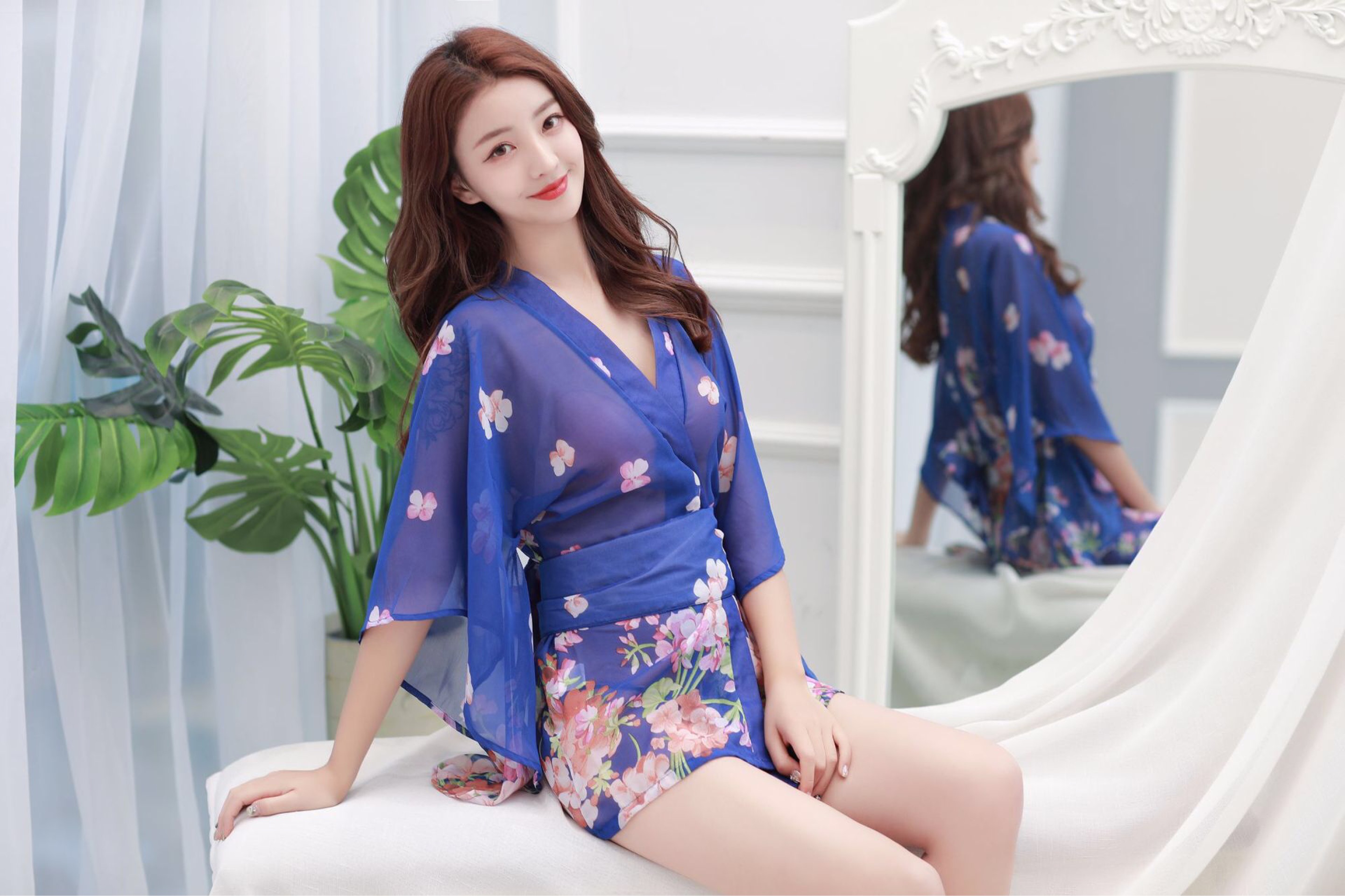 ชุดกิโมโน ซากุระ ซีทรู สีชมพู แต่งสายคาด โบว์สำเร็จรูป