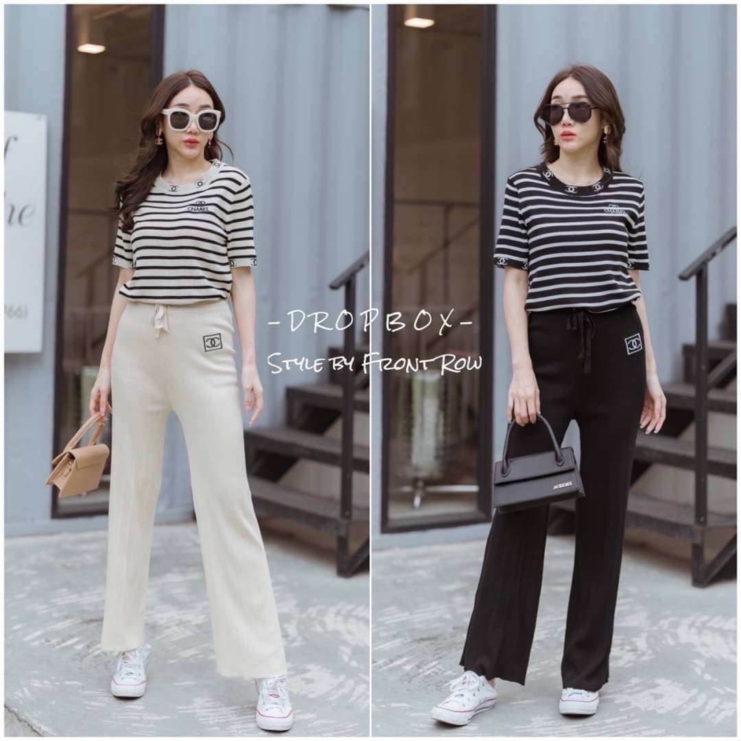 DROPBOX Style by Front Row CC Knitting Set มาคะสาวๆ เซ็ตไหมพรมเสื้อเเขนสั้นทอลายริ้ว และมีโลโก้ cc มาคู่กับกางเกงไหมพรมสีพื้นผ้าร่อง ใส่มาดูสวยแพงมากๆ