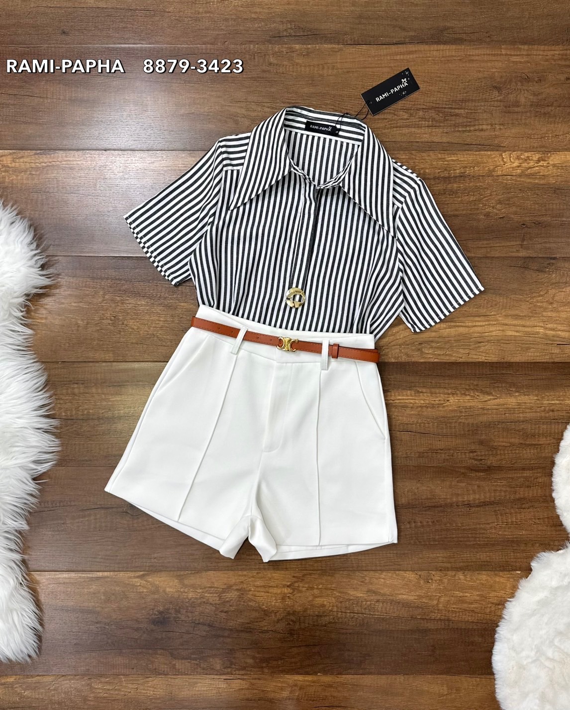 ชุดเซทแฟชั่น เซตส4ชิ้นสุดคุ้ม!! เสื้อเชิ้ตแขนสั้นคอปกเก๋ๆ ลายริ้วทางตรงสีสวยคลาสสิค