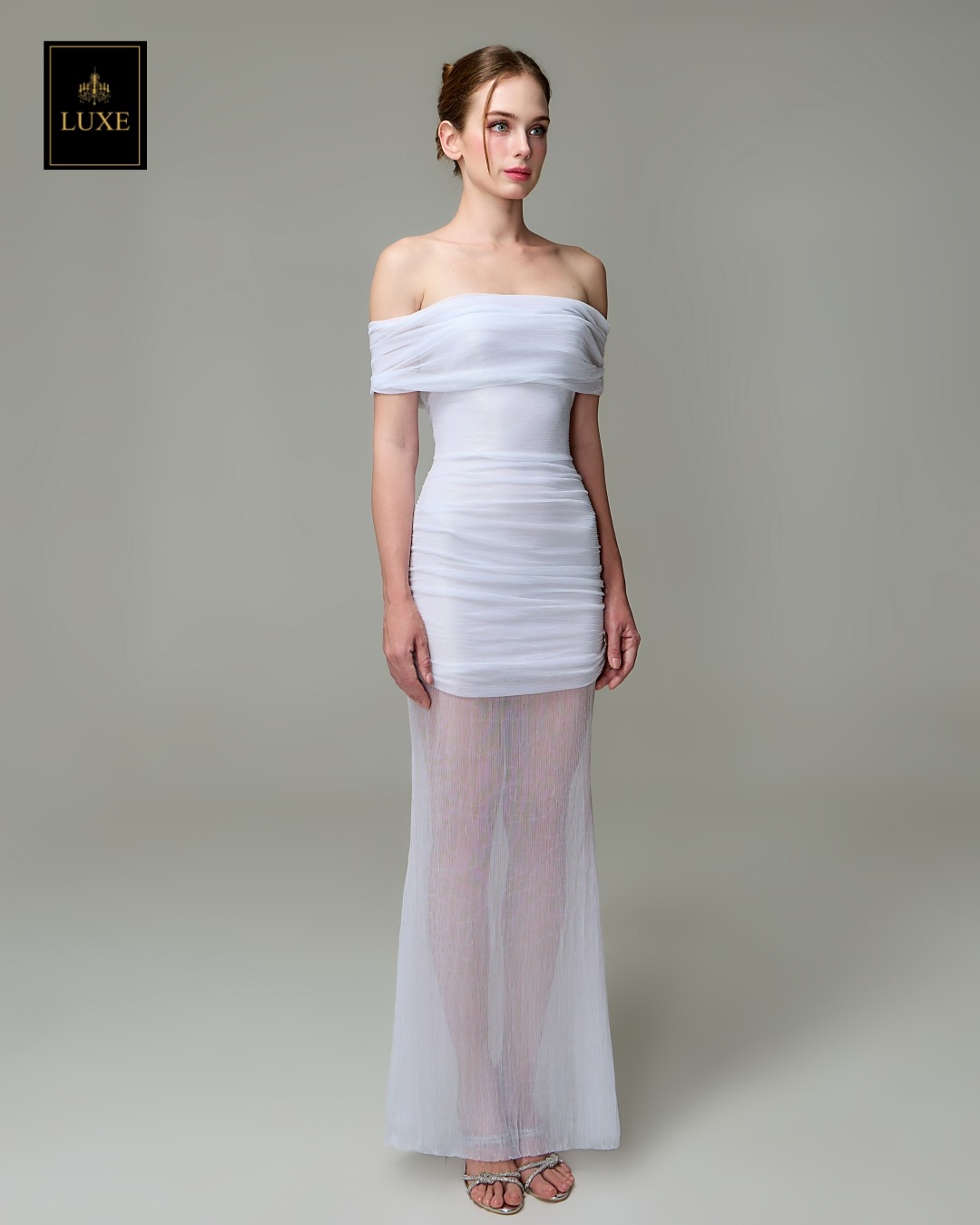 เดรสแฟชั่น แม็กซี่เดรสเปิดไหล่ กระโปรงยาว