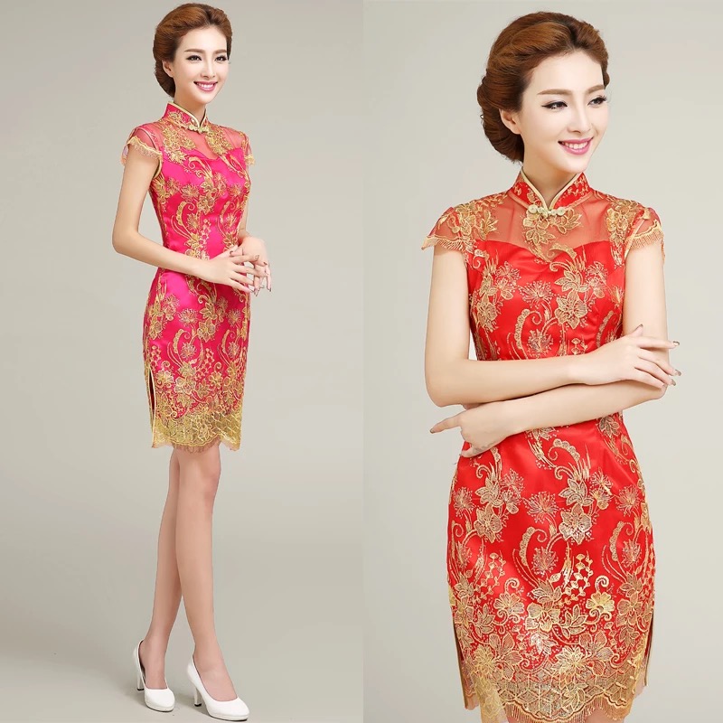 ชุดกี่เพ้า ประยุกต์ ชุดเดรส กี่เพ้าจีนประยุกต์สีชมพูสด แต่งเลื่อมปักดิ้นทอง แพทเทินสวย งานเนี๊ยบหรู มากคะ Size S/M