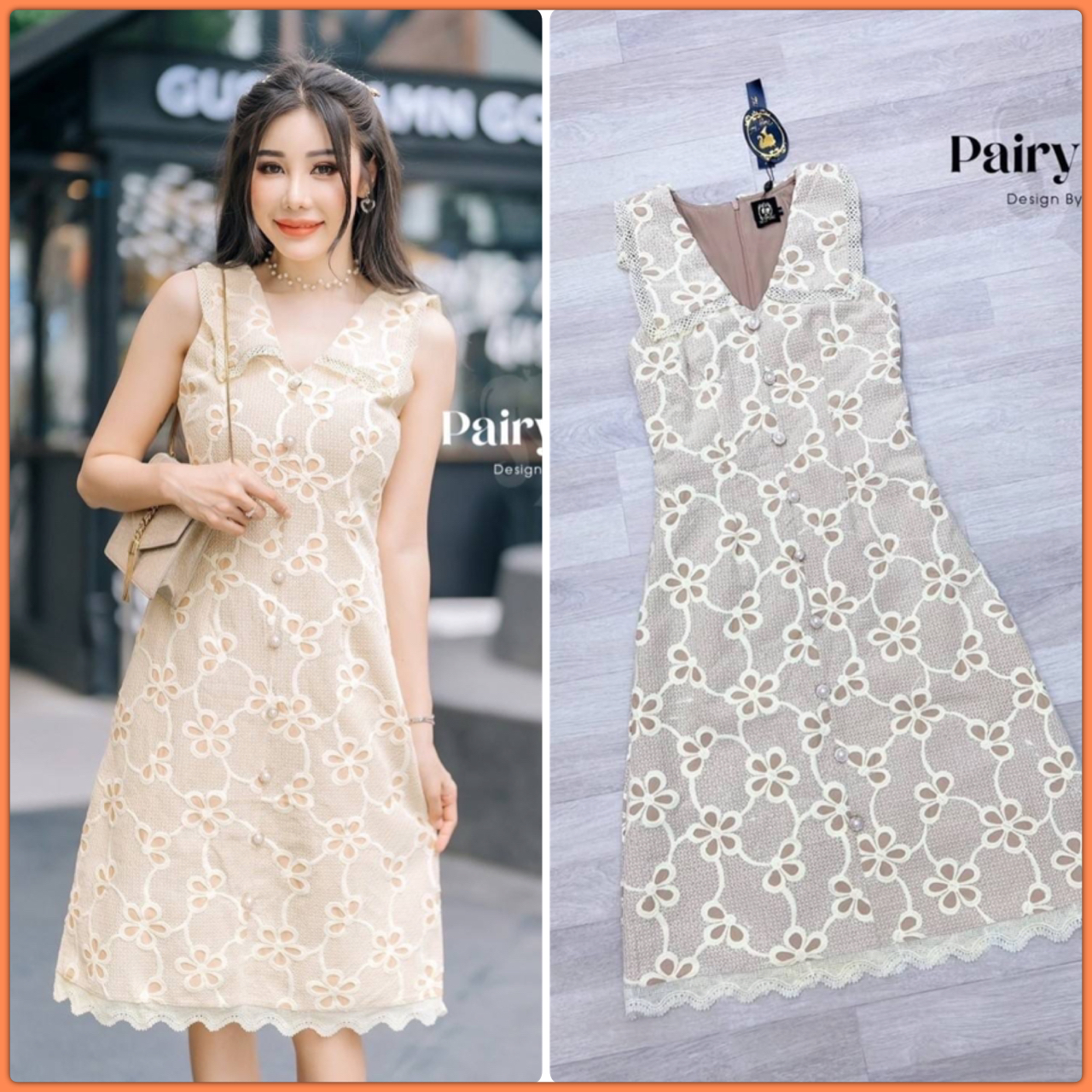เดรสคอปกผ้าปักลายดอกไม้ฉลุลายสีเหลืองอ่อนๆ ขับผิวมากๆ ลายดอกไม้งานสวย เนื้อผ้าดีค่า ห้ามพลาดน้า