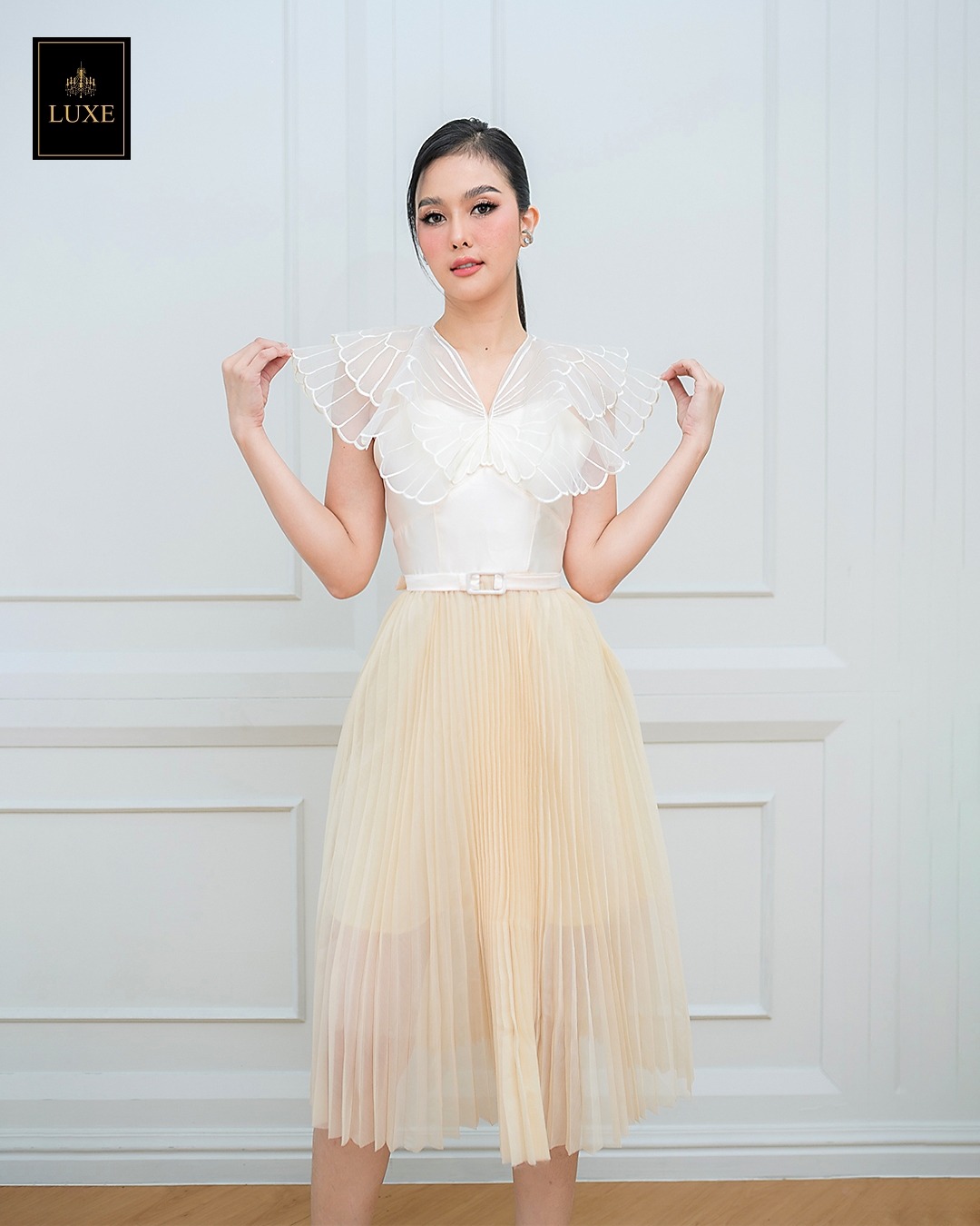 เดรสแฟชั่น เดรสเสื้อคอวีผ้าดัตเชสทวิล ปักลายผีเสื้อสีขาว กระโปรงผ้าออแกนดี้อัดพลีท