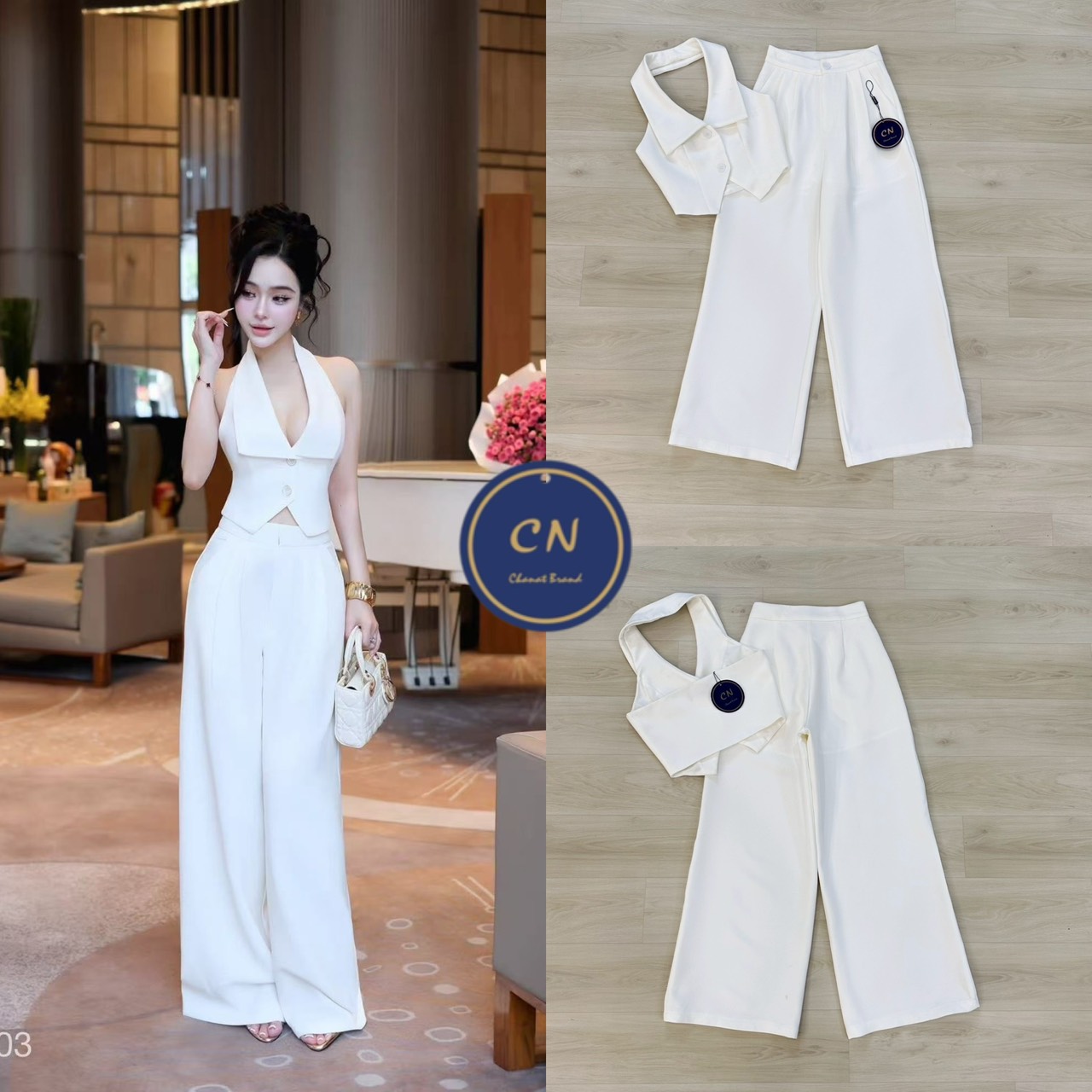 ชุดเซทแฟชั่น Set 2 ชิ้นสีขาวทั้งชุด ตัวเสื้อคล้องคอ ทรงเข้ารูปมีกระดุมหน้าใช้งานได้จริง