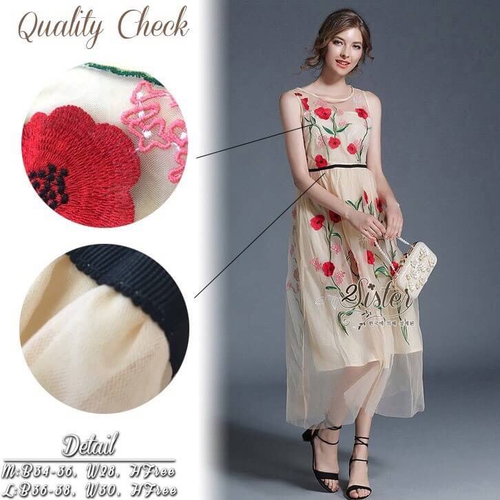2Sister Made, Sweet Lady Vintage Flora Dress เดรสยาวลุคสวยน่ารัก เนื้อผ้าตาข่ายsee through ปักลายดอกไม้สีแดงสวยมากๆค่ะ ดีเทลแขนกุด มีซิปด้านหลังค่ะ กระโปรงระบายบานพลิ้ว งานมีซับในให้อย่างดีนะคะ ใส่ได้หลายโอกาสจร้า งานป้าย2sister สินค้านำเข้างานพรีเมียมนะค
