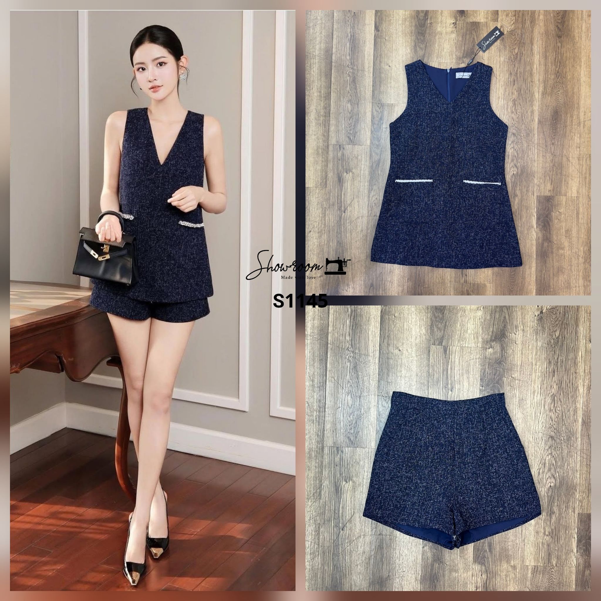 ชุดเซทแฟชั่น เซ็ตเสื้อคอวีซิปหลังตัวยาว เล่นดีไซน์แต่งดีเทลด้านหน้า มาพร้อมกางเกงขาสั้น