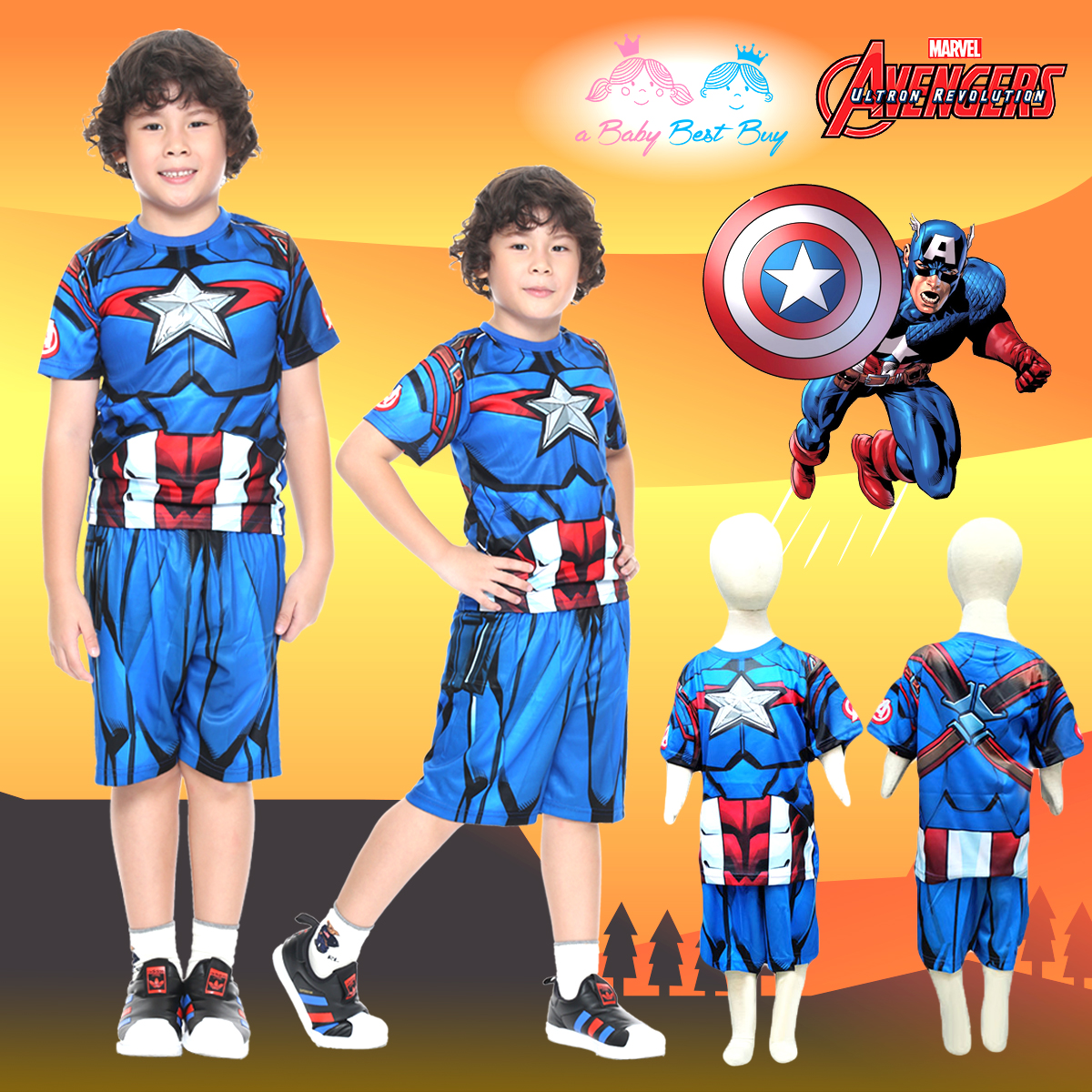 ฮ ' ( 4-6-8 ) ชุดแฟนซี เด็กผู้ชาย Captain America Super Hero - The Avengers สีน้ำเงิน เสื้อแขนสั้น ขาสั้น ลายเกราะ มีไฟที่หน้าอก เพื่อให้คุณหนูๆได้สนุกกับชุดsuper hero คนโปรดตามจิตนาการ ชุดสุดเท่ห์ ใส่สบาย ลิขสิทธิ์แท้