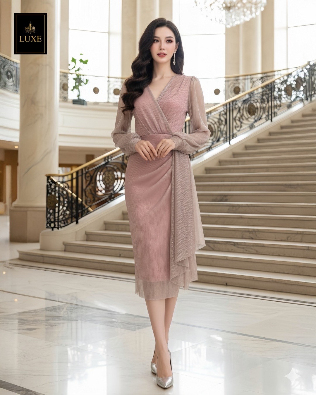 เดรสแฟชั่น เดรสเสื้อคอวีป้ายแขนยาว กระโปรงทรงสอบจับเดรปข้างลำตัว