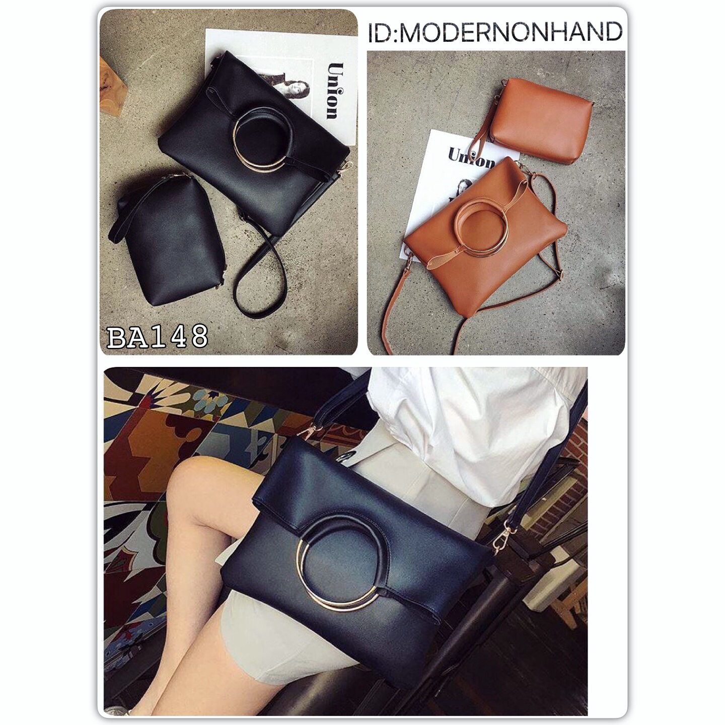 กระเป๋าสะพายข้างสีน้ำตาล กระเป๋าคลัชมือ แต่งห่วงทอง สวย แนว เท่ห์ๆคะ+กระเป๋าเล็ก ไซส์ลูก ด้านใน 2ชิ้น สุดคุ้ม สวยเก๋ มากคะ Size:ยาว29xสูง32xหนา4cm