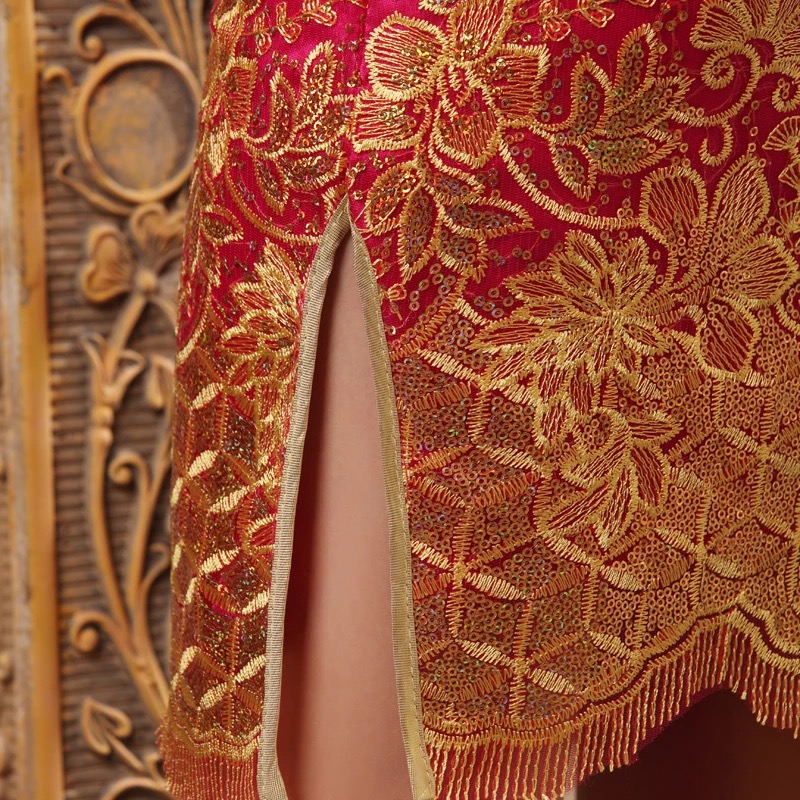 ชุดกี่เพ้า ประยุกต์ ชุดเดรส กี่เพ้าจีนประยุกต์สีชมพูสด แต่งเลื่อมปักดิ้นทอง แพทเทินสวย งานเนี๊ยบหรู มากคะ Size S/M