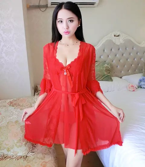 เซ็ทชุดนอน ชุดคลุมนอนเซ็กซี่ เซ็ทชุดนอน สายเดี่ยว ซีทรู สีแดงสด แต่งระบายและลูกไม้ซีทรู เนื้อผ้าทิ้งตัว สวยหรู PREMIUM GRADE สวยหรู เซ็กซี่ เย้ายวนสุดๆคะ +G-string แต่งลูกไม้เข้าชุดคะ