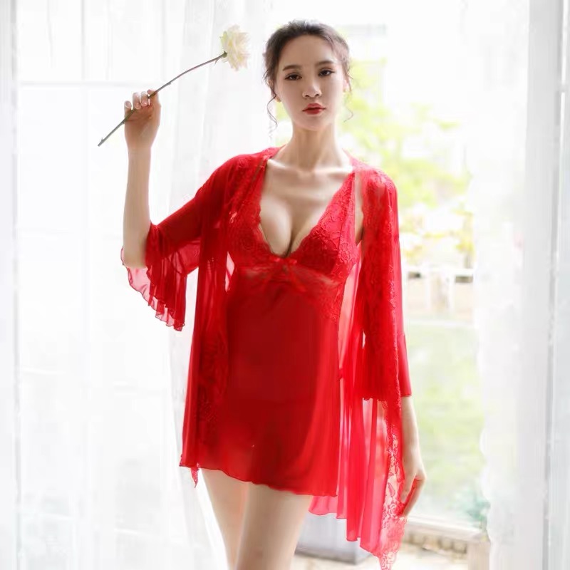 เซ็ทชุดคลุมนอน เซ็ดชุดนอน สายเดี่ยว+ชุดคลุมนอน ซีทรูสีนูทพีช แต่งลูกไม้ สวย หรู งาน เซ็กซี่มากๆคะ สำเนา