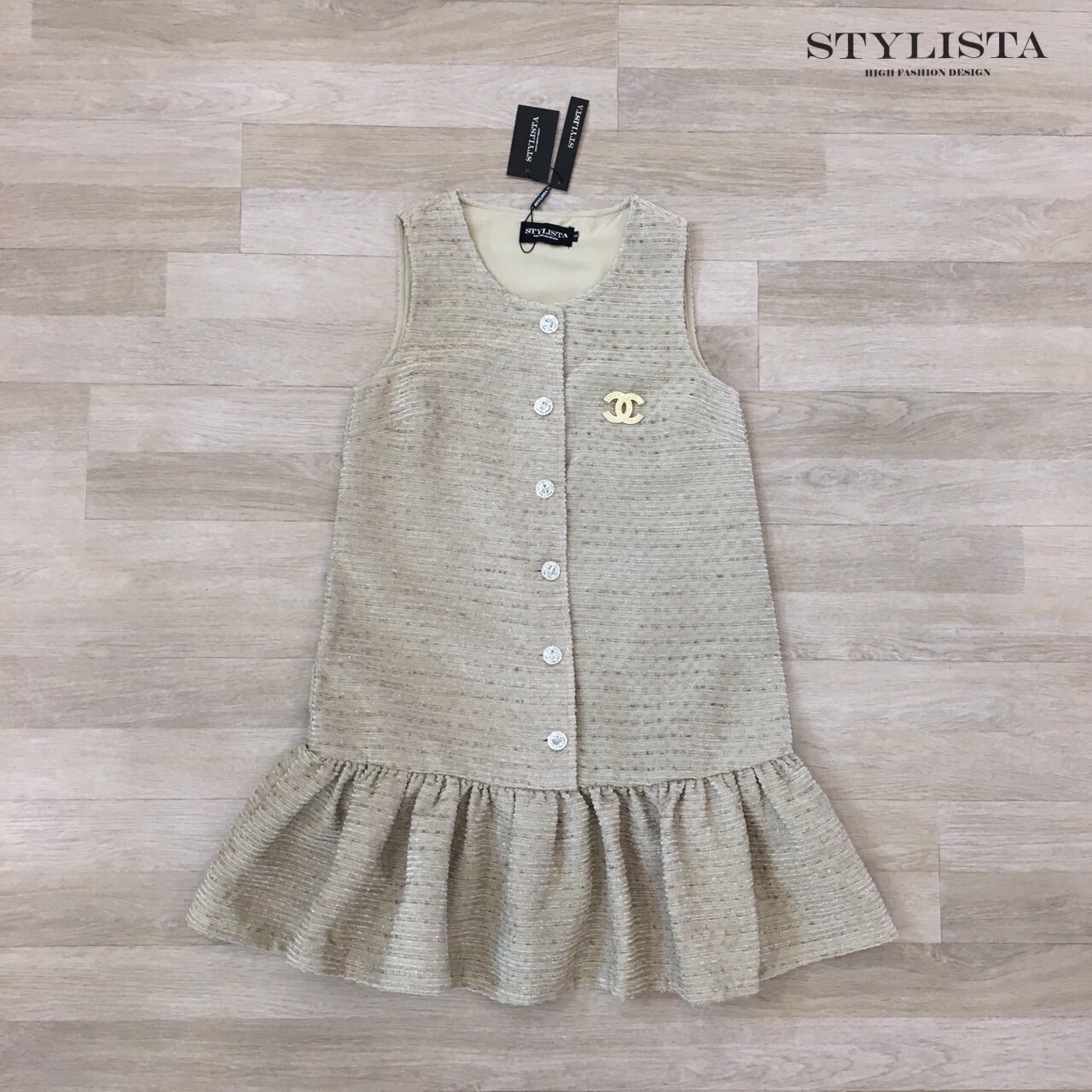 เดรสแฟชั่น เดรสผ้าทวีตสไตล์หรูหรา ติดกระดุมคริสตัล คลาสสิค