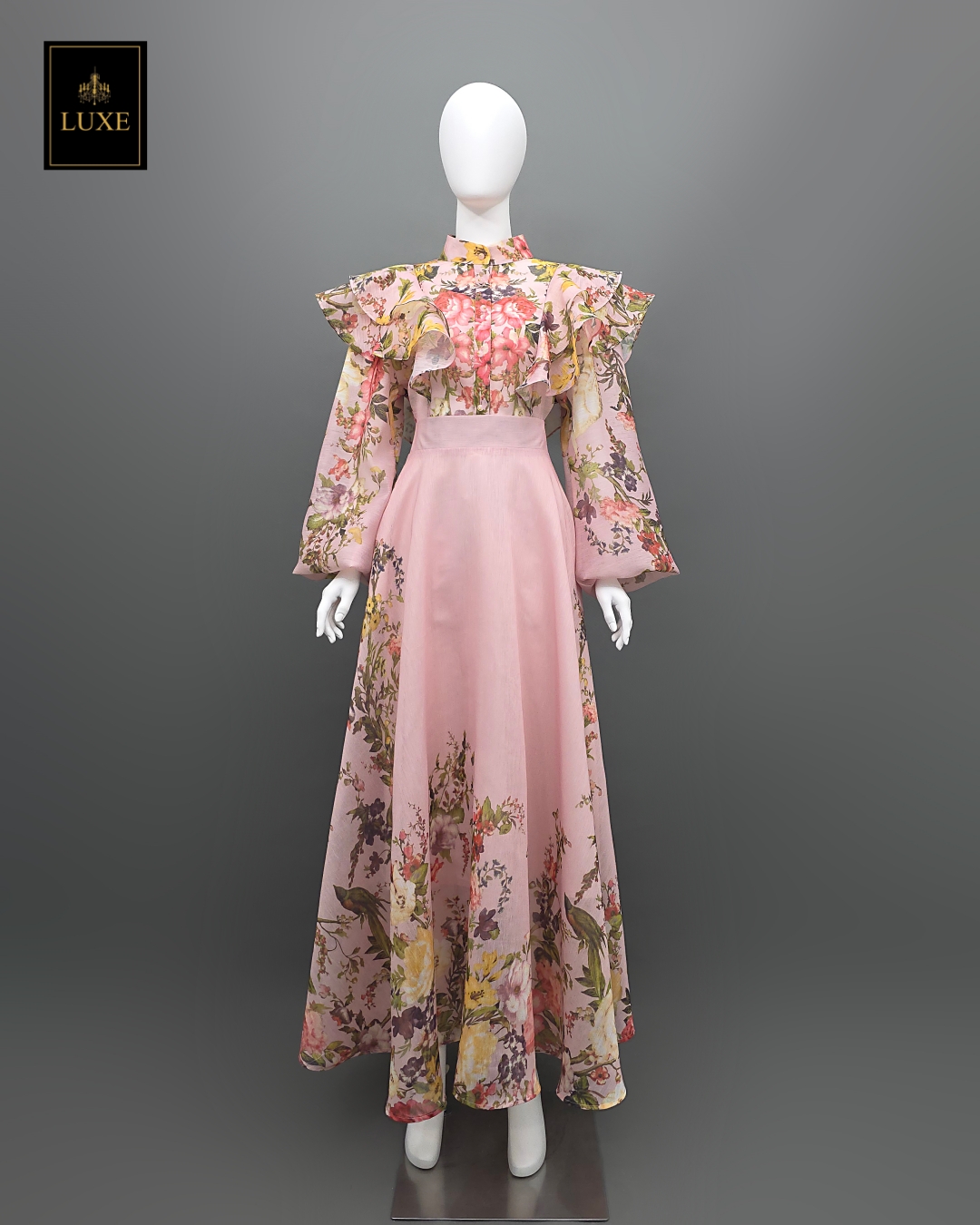 ชุดเซทแฟชั่น เซ็ตเสื้อคอกลมแขนยาว+กระโปรงยาว แต่งระบายตัวเสื้อหน้าและหลัง