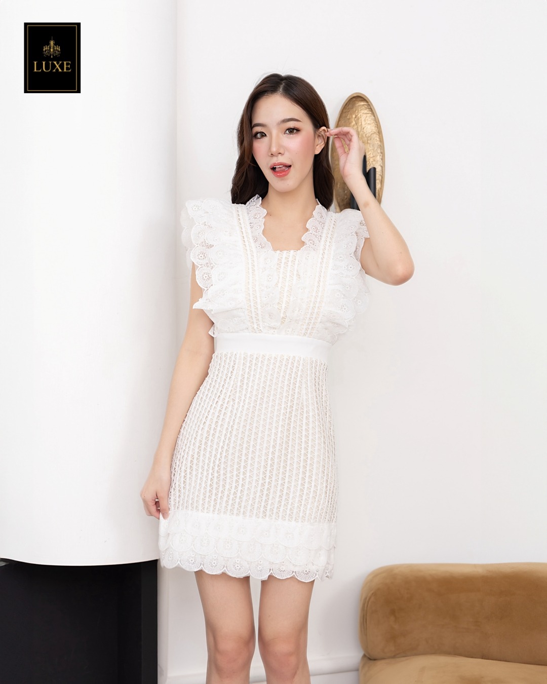 เดรสแฟชั่น เดรสผ้าลูกไม้คอตตอนโครเชต์ เสื้อแขนกุดแต่งระบาย กระโปรงสั้นทรงเอ