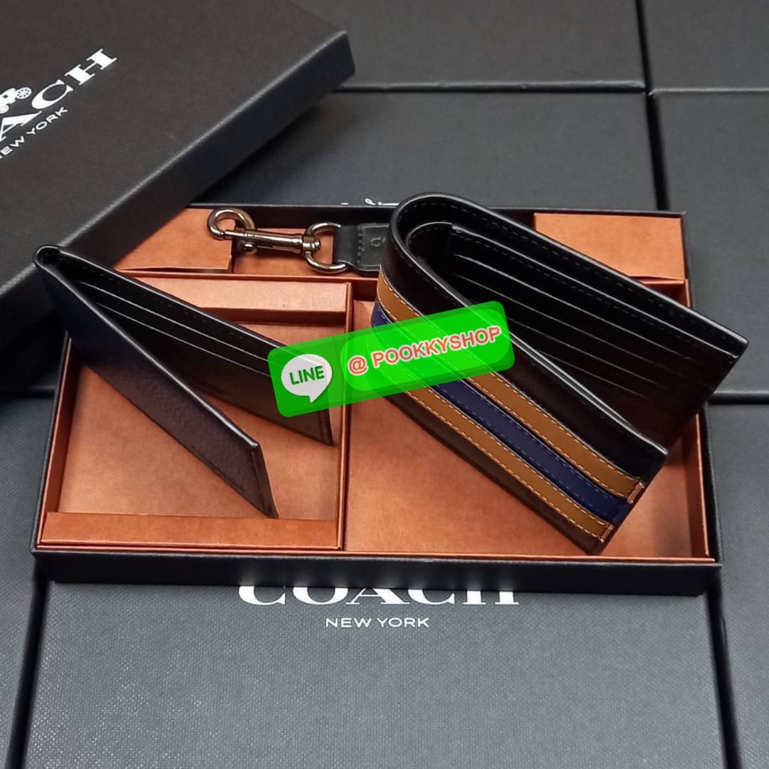 NEW IN💥>>มีกันหรือยัง ใช้แล้วหล่อมากน้า😎//>>COACH 3-IN-1 WALLET WITH VARSITY STRIPE WITH KEY FOB LIMITED BOX (COACH F24649)🍁กระเป๋าสตางค์ มี ID ใบลูก สำหรับใส่บัตรแยก มีพวงกุญแจ ใช้แล้วดูหล่อสุดๆ🔸️**จะใช้เอง หรื