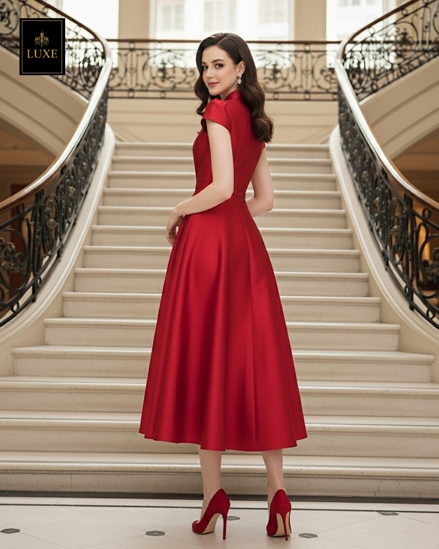 เดรสแฟชั่น เดรสเสื้อคอตั้ง แขนสั้น กระโปรงบาน